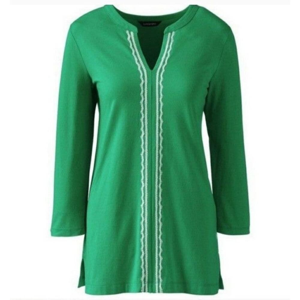 Lands' End Embroidered Split Neck Tunic Shirt Green Women's Size Small Cotton